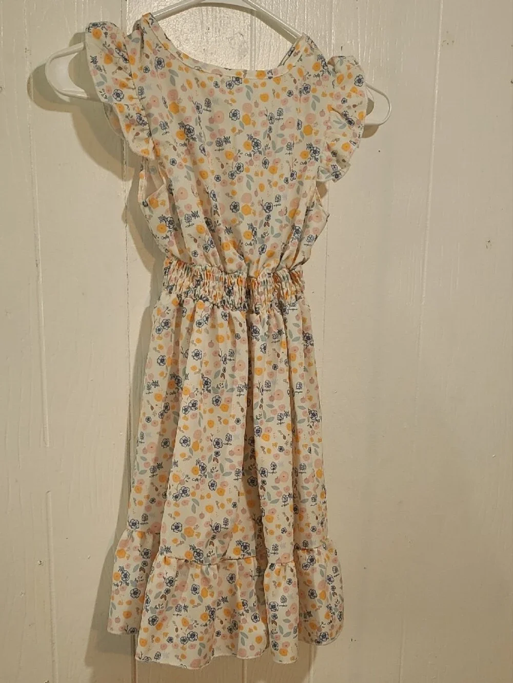 SHEIN Youth 8 Girls White Floral Smocked Casual Dress with Yellow & Blue Prints